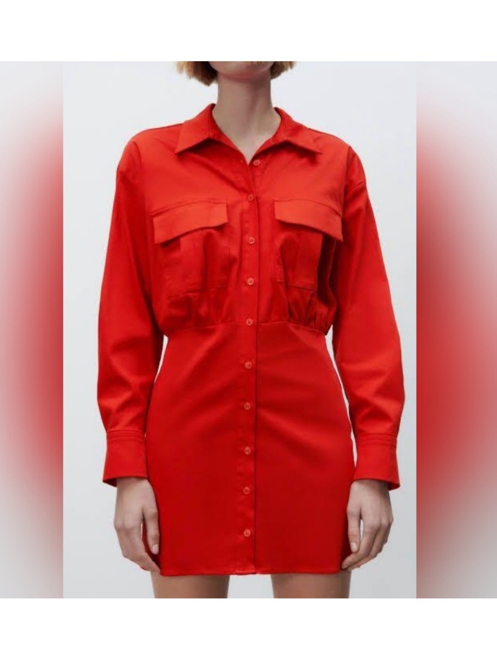 Zara Red Poplin Collared Shirt Dress
